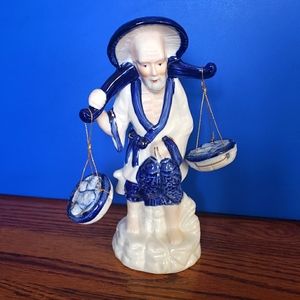 Oriental Fisherman Blue On White Porcelain Figurine Statuette vintage Collective